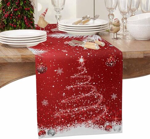 Christmas Decor Cotton Table Runners for Kitchen Dining Table/Cabinet/Holiday Parties, Red Sparkle Christmas Tree Ornaments Washable Dresser Scarf White Pine Needle Dining Runners 13" x 70" in Saudi Arabia