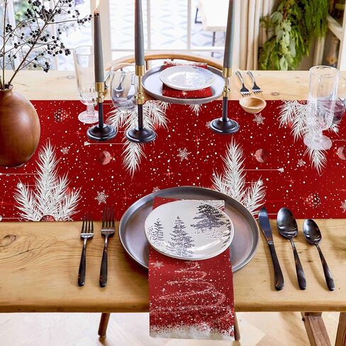 Christmas Decor Cotton Table Runners for Kitchen Dining Table/Cabinet/Holiday Parties, Red Sparkle Christmas Tree Ornaments Washable Dresser Scarf White Pine Needle Dining Runners 13" x 70" in Saudi Arabia