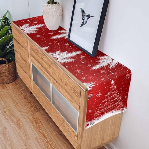 Christmas Decor Cotton Table Runners for Kitchen Dining Table/Cabinet/Holiday Parties, Red Sparkle Christmas Tree Ornaments Washable Dresser Scarf White Pine Needle Dining Runners 13" x 70" in Saudi Arabia