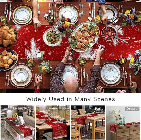 Christmas Decor Cotton Table Runners for Kitchen Dining Table/Cabinet/Holiday Parties, Red Sparkle Christmas Tree Ornaments Washable Dresser Scarf White Pine Needle Dining Runners 13" x 70" in Saudi Arabia