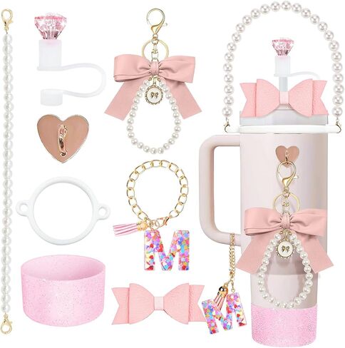 8Pcs Pink Stanley Cup Accessories Set for Stanley Cup 30&40 Oz Tumbler - Silicone Straw Cover Cap and Boot, Letter Charm for Handle, Bow Straw and Charm Decoration, Pearl Water Bottle Handle Strap(M) in Saudi Arabia