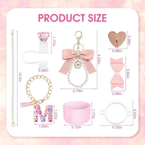 8Pcs Pink Stanley Cup Accessories Set for Stanley Cup 30&40 Oz Tumbler - Silicone Straw Cover Cap and Boot, Letter Charm for Handle, Bow Straw and Charm Decoration, Pearl Water Bottle Handle Strap(M) in Saudi Arabia