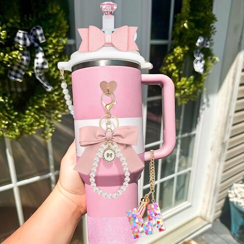 8Pcs Pink Stanley Cup Accessories Set for Stanley Cup 30&40 Oz Tumbler - Silicone Straw Cover Cap and Boot, Letter Charm for Handle, Bow Straw and Charm Decoration, Pearl Water Bottle Handle Strap(M) in Saudi Arabia