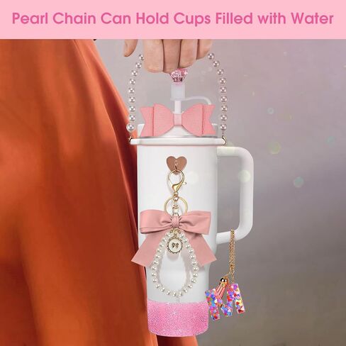 8Pcs Pink Stanley Cup Accessories Set for Stanley Cup 30&40 Oz Tumbler - Silicone Straw Cover Cap and Boot, Letter Charm for Handle, Bow Straw and Charm Decoration, Pearl Water Bottle Handle Strap(M) in Saudi Arabia