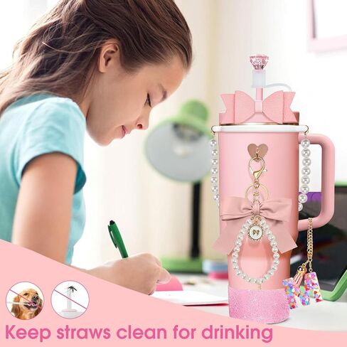 8Pcs Pink Stanley Cup Accessories Set for Stanley Cup 30&40 Oz Tumbler - Silicone Straw Cover Cap and Boot, Letter Charm for Handle, Bow Straw and Charm Decoration, Pearl Water Bottle Handle Strap(M) in Saudi Arabia
