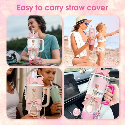 8Pcs Pink Stanley Cup Accessories Set for Stanley Cup 30&40 Oz Tumbler - Silicone Straw Cover Cap and Boot, Letter Charm for Handle, Bow Straw and Charm Decoration, Pearl Water Bottle Handle Strap(M) in Saudi Arabia