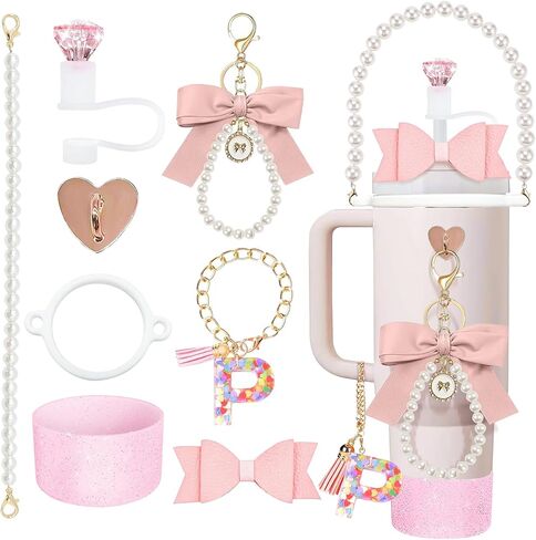 8Pcs Pink Stanley Cup Accessories Set for Stanley Cup 30&40 Oz Tumbler - Silicone Straw Cover Cap and Boot, Letter Charm for Handle, Bow Straw and Charm Decoration, Pearl Water Bottle Handle Strap(M) in Saudi Arabia