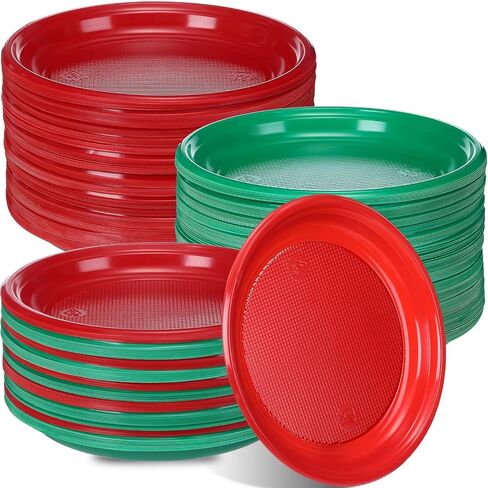 300 Pcs Christmas Green Red Plastic Plates Christmas Disposable Plates Bulk Round Christmas Dinner Dessert Plates for Events Salad Cake Appetizer Birthday Party Supplies Decoration (9 Inch) in Kuwait