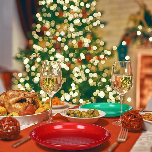 300 Pcs Christmas Green Red Plastic Plates Christmas Disposable Plates Bulk Round Christmas Dinner Dessert Plates for Events Salad Cake Appetizer Birthday Party Supplies Decoration (9 Inch) in Kuwait