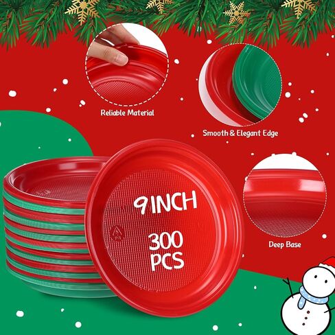 300 Pcs Christmas Green Red Plastic Plates Christmas Disposable Plates Bulk Round Christmas Dinner Dessert Plates for Events Salad Cake Appetizer Birthday Party Supplies Decoration (9 Inch) in Kuwait