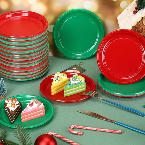 300 Pcs Christmas Green Red Plastic Plates Christmas Disposable Plates Bulk Round Christmas Dinner Dessert Plates for Events Salad Cake Appetizer Birthday Party Supplies Decoration (9 Inch) in Kuwait