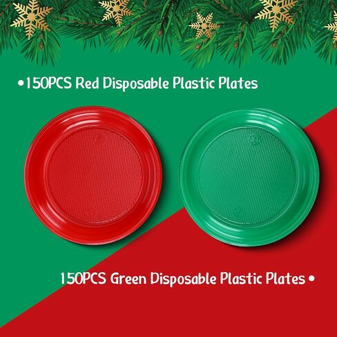 300 Pcs Christmas Green Red Plastic Plates Christmas Disposable Plates Bulk Round Christmas Dinner Dessert Plates for Events Salad Cake Appetizer Birthday Party Supplies Decoration (9 Inch) in Kuwait