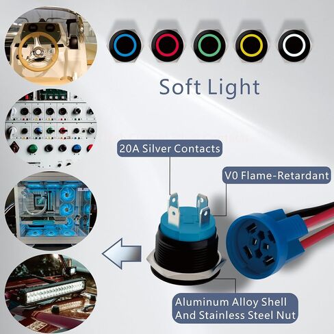 مفتاح زر ضغط من الألومنيوم بمفتاح LED 12-24 فولت تيار مستمر 20 أمبير 1NO مع مقبس سلك (1، أخضر، 22 مم) in Saudi Arabia