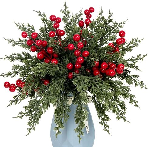 40 Pcs Artificial Pine Branches with Red Berry Picks 11" Winter Christmas Greenery Fake Juniper Leaves Norfolk Pine Stems Needles for DIY Craft Wreath Garland Vase Filler Home Decoration (40, Green) in Kuwait