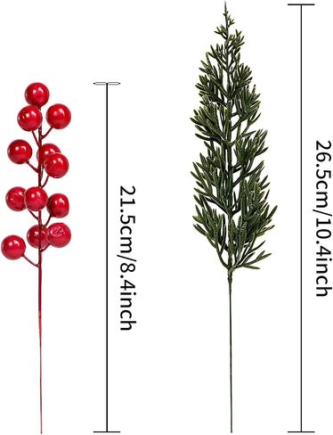 40 Pcs Artificial Pine Branches with Red Berry Picks 11" Winter Christmas Greenery Fake Juniper Leaves Norfolk Pine Stems Needles for DIY Craft Wreath Garland Vase Filler Home Decoration (40, Green) in Kuwait