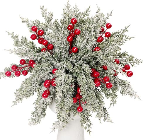 40 Pcs Artificial Pine Branches with Red Berry Picks 11" Winter Christmas Greenery Fake Juniper Leaves Norfolk Pine Stems Needles for DIY Craft Wreath Garland Vase Filler Home Decoration (40, Green) in Kuwait