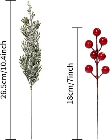 40 Pcs Artificial Pine Branches with Red Berry Picks 11" Winter Christmas Greenery Fake Juniper Leaves Norfolk Pine Stems Needles for DIY Craft Wreath Garland Vase Filler Home Decoration (40, Green) in Kuwait