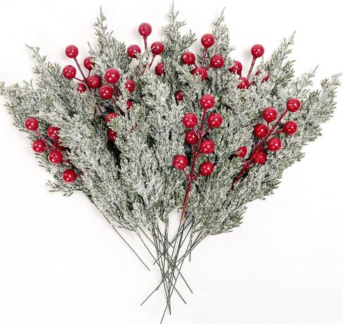 40 Pcs Artificial Pine Branches with Red Berry Picks 11" Winter Christmas Greenery Fake Juniper Leaves Norfolk Pine Stems Needles for DIY Craft Wreath Garland Vase Filler Home Decoration (40, Green) in Kuwait