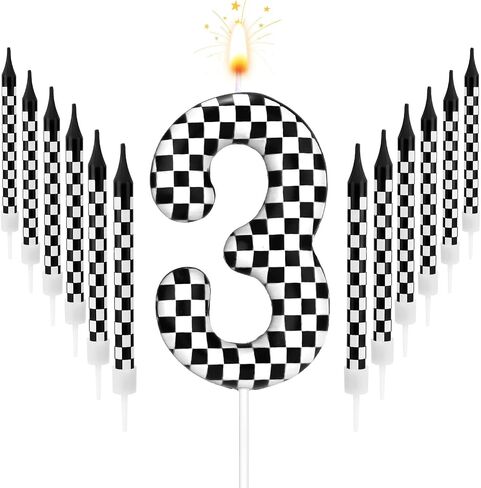 13pcs Racing Cars Birthday Candles, Black and White Checkered Candles Birthday Number Candle Cake Topper for Boys Kids Baby Shower Racing Car Theme Party Decoration Supplies (Number 3) in Kuwait