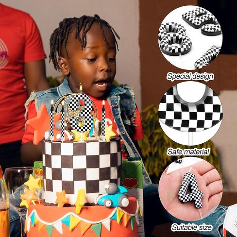 13pcs Racing Cars Birthday Candles, Black and White Checkered Candles Birthday Number Candle Cake Topper for Boys Kids Baby Shower Racing Car Theme Party Decoration Supplies (Number 3) in Kuwait