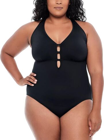 LAUREN RALPH LAUREN Plus Size Tummy-Control Shaping Plunge One-Piece Swimsuit Black 16W in Saudi Arabia