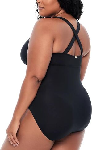 LAUREN RALPH LAUREN Plus Size Tummy-Control Shaping Plunge One-Piece Swimsuit Black 16W in Saudi Arabia