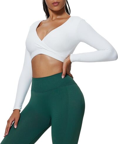 Aoxjox Long Sleeve Crop Tops for Women Deep V Half Cutout Workout Crop T Shirt Top in Kuwait