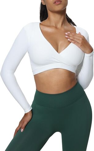 Aoxjox Long Sleeve Crop Tops for Women Deep V Half Cutout Workout Crop T Shirt Top in Kuwait