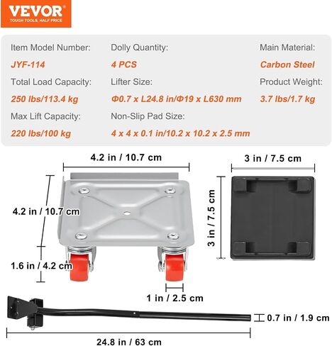 VEVOR Furniture Dolly، دمى متحركة للأثاث مع عجلات PP تدور 360 درجة ولوحة فولاذية كربونية معززة، مجموعة أدوات نقل الأثاث مع عجلة 1 بوصة لرفع الأثاث وتحريكه، LxW (4.2 بوصة × 4.2 بوصة) in Saudi Arabia