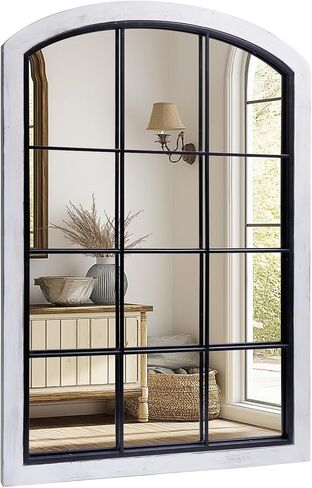 Farmhouse Arch Wood Window Mirror, 24X36 Decorative Arch Wall Mirror, Wood Framed Rustic Mirror Metal Inner Frame Mirror Wall Decor for Entryway & Living Room,Natural in Kuwait