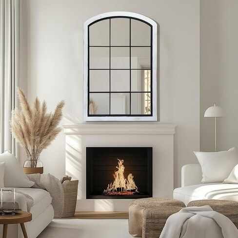 Farmhouse Arch Wood Window Mirror, 24X36 Decorative Arch Wall Mirror, Wood Framed Rustic Mirror Metal Inner Frame Mirror Wall Decor for Entryway & Living Room,Natural in Kuwait