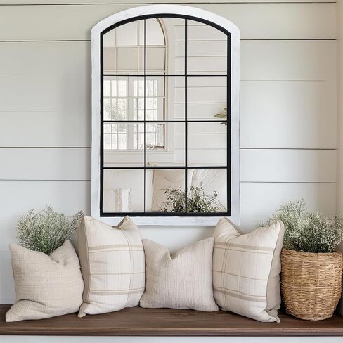 Farmhouse Arch Wood Window Mirror, 24X36 Decorative Arch Wall Mirror, Wood Framed Rustic Mirror Metal Inner Frame Mirror Wall Decor for Entryway & Living Room,Natural in Kuwait