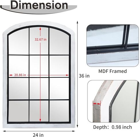 Farmhouse Arch Wood Window Mirror, 24X36 Decorative Arch Wall Mirror, Wood Framed Rustic Mirror Metal Inner Frame Mirror Wall Decor for Entryway & Living Room,Natural in Kuwait