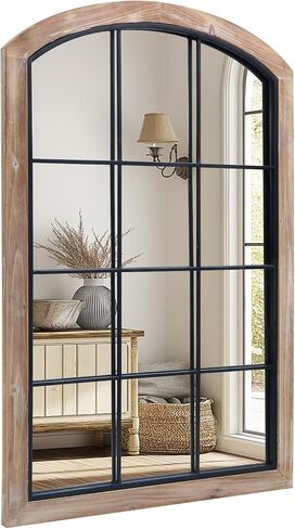 Farmhouse Arch Wood Window Mirror, 24X36 Decorative Arch Wall Mirror, Wood Framed Rustic Mirror Metal Inner Frame Mirror Wall Decor for Entryway & Living Room,Natural in Kuwait