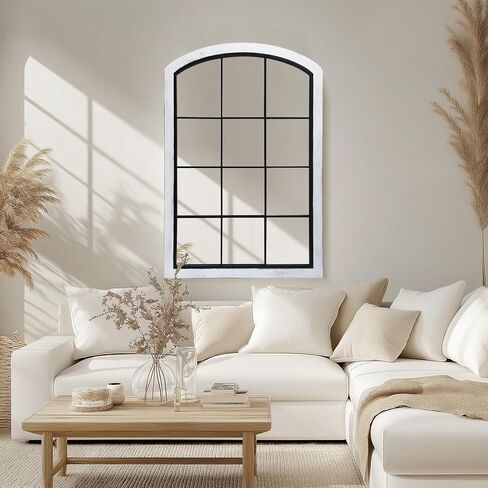 Farmhouse Arch Wood Window Mirror, 24X36 Decorative Arch Wall Mirror, Wood Framed Rustic Mirror Metal Inner Frame Mirror Wall Decor for Entryway & Living Room,Natural in Kuwait