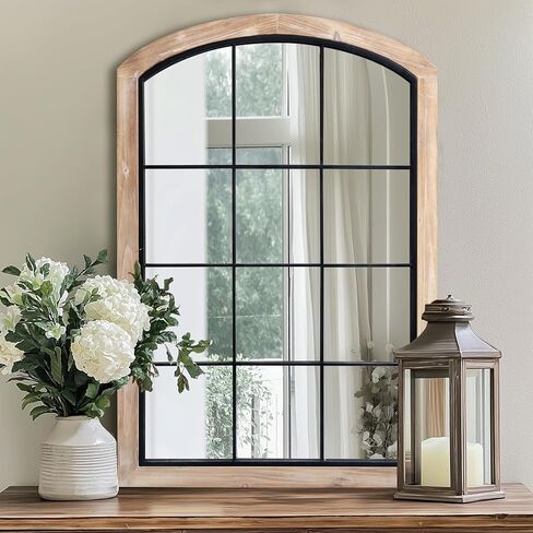 Farmhouse Arch Wood Window Mirror, 24X36 Decorative Arch Wall Mirror, Wood Framed Rustic Mirror Metal Inner Frame Mirror Wall Decor for Entryway & Living Room,Natural in Kuwait