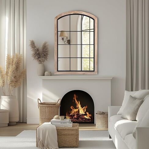Farmhouse Arch Wood Window Mirror, 24X36 Decorative Arch Wall Mirror, Wood Framed Rustic Mirror Metal Inner Frame Mirror Wall Decor for Entryway & Living Room,Natural in Kuwait