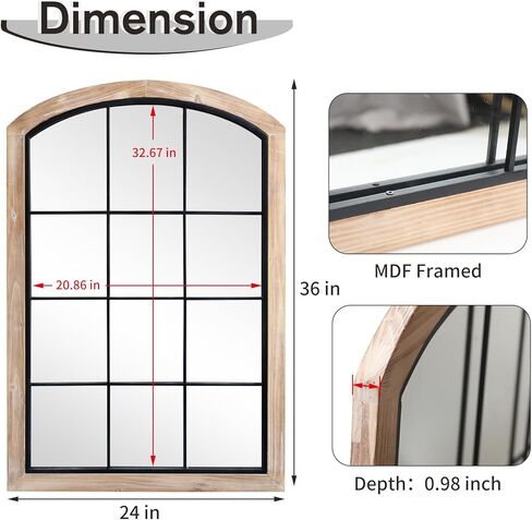 Farmhouse Arch Wood Window Mirror, 24X36 Decorative Arch Wall Mirror, Wood Framed Rustic Mirror Metal Inner Frame Mirror Wall Decor for Entryway & Living Room,Natural in Kuwait