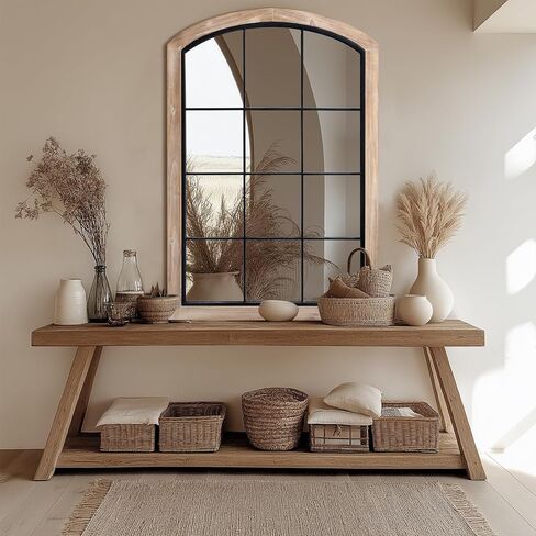 Farmhouse Arch Wood Window Mirror, 24X36 Decorative Arch Wall Mirror, Wood Framed Rustic Mirror Metal Inner Frame Mirror Wall Decor for Entryway & Living Room,Natural in Kuwait