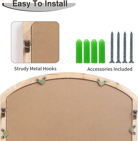 Farmhouse Arch Wood Window Mirror, 24X36 Decorative Arch Wall Mirror, Wood Framed Rustic Mirror Metal Inner Frame Mirror Wall Decor for Entryway & Living Room,Natural in Kuwait