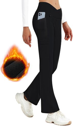 BVVU Women's Fleece Lined Pants Hiking Crossover Flare Leggings Winter Thermal Pants Water Resistant Outdoor Bootcut Warm in Saudi Arabia