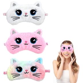 Sibba Plush Eye Mask 3 Pcs Sleep Mask Sleeping Eye Cover Soft Eye Blindfold Sleep Eye Cover Cute Cat Sleeping Eye Shade Colorful Eye Masks Satin Nap Night for Women Girl Beauty