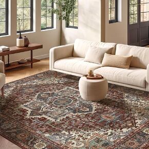 Kokia 5x7 Washable Area Rugs with Vintage Ornate Design, Distressed Medallion Pattern, Non Slip Low Pile Stain Resistance Features, Soft Boho Rug for Living Room Bedroom, Alaia Blue