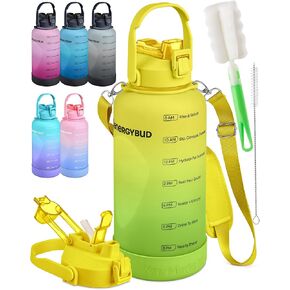 1 Gallon Water Bottle With Straw Dishwasher-Safe BPS & BPA Free, 2 Cleaning Brush Motivational 128oz Water Jug with Time Markers, Wide-Mouth Tritan, Gym & Exercise Equipment(Clear & Black)