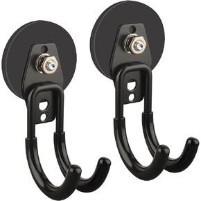 ULIBERMAGNET Garage Strong Magnetic Hooks, 2 Pack Black Heavy Duty Large J Hooks with Magnet, Anti-Slip Coating Magnet Hooks for Garden Tools, Ropes,Drill