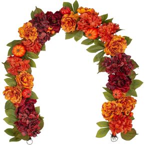 Fall Decor Fall Flower Garland for Mantel 6ft Hanging Fake Autumn Fall Pumpkin Garland with Pumpkin Peony Hydrangea Flower for Farmhouse Table Home Fireplace Doorway Thanksgiving Indoor Outdoor Decor