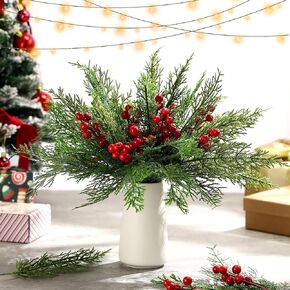 100 Pcs Christmas Artificial Pine Branches with Red Berry Stems Faux Pine Greenery Stems 4 Styles Fake Cedar Stems Christmas Sprigs for DIY Wreaths Garland Craft Home Decoration in Saudi Arabia