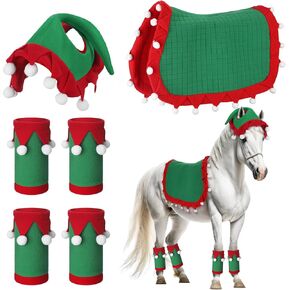 Abbylike 6 Pcs Christmas Holiday Santa Leg Wraps with Faux Fur Trim Holiday Santa Horse Hat All Purpose Santa Saddle Pad for Christmas Horse Costume Accessories