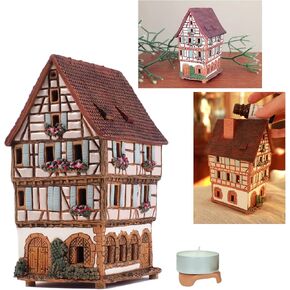 Ceramic Christmas Village Houses Collection - Collectible Handmade Miniature of The Original House in Colmar, France - Tea Light Candle Holder, Essential Oil Burner A252AR