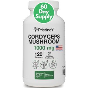 PRISTINE'S Cordyceps Mushroom 1000 MG - Athletic Performance, Endurance & Immunity Adaptogen Capsule Supplement - 60 Day Supply - Anti Aging Support Antioxidant